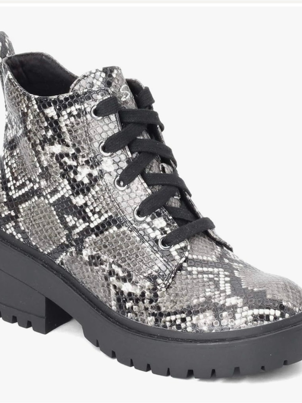 Snake-Print Lace-Up Chunky Boot in Black and Gray
